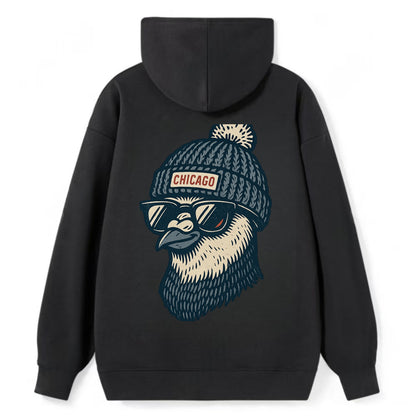 Chicago Pigeon wearing Chicago beanie with pom pom and wayfarer sunglasses - Classic Pullover Hoodie - Black