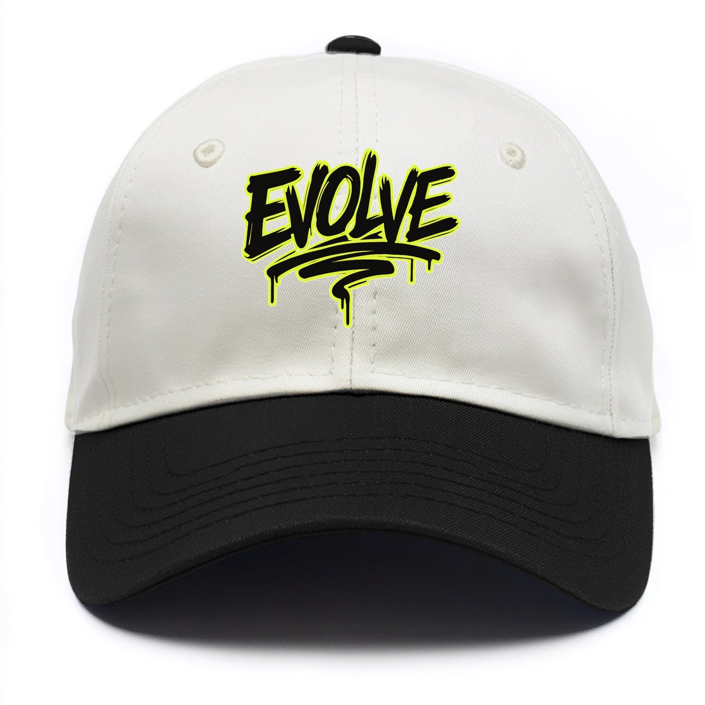Bold typography design - "EVOLVE" - changing, becoming better - Two Tone Cap - Black
