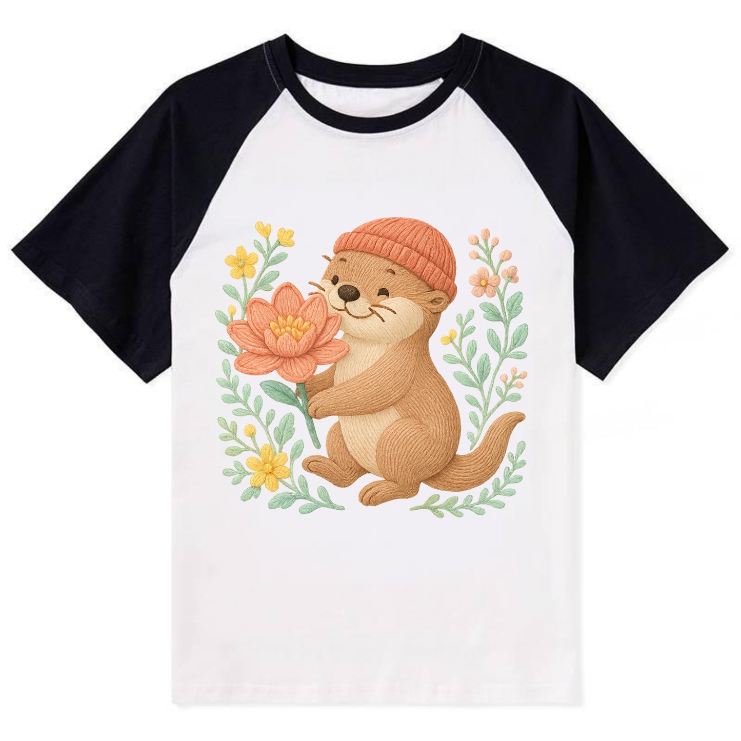 Peach Otter - Contrast Raglan T-shirt - Black