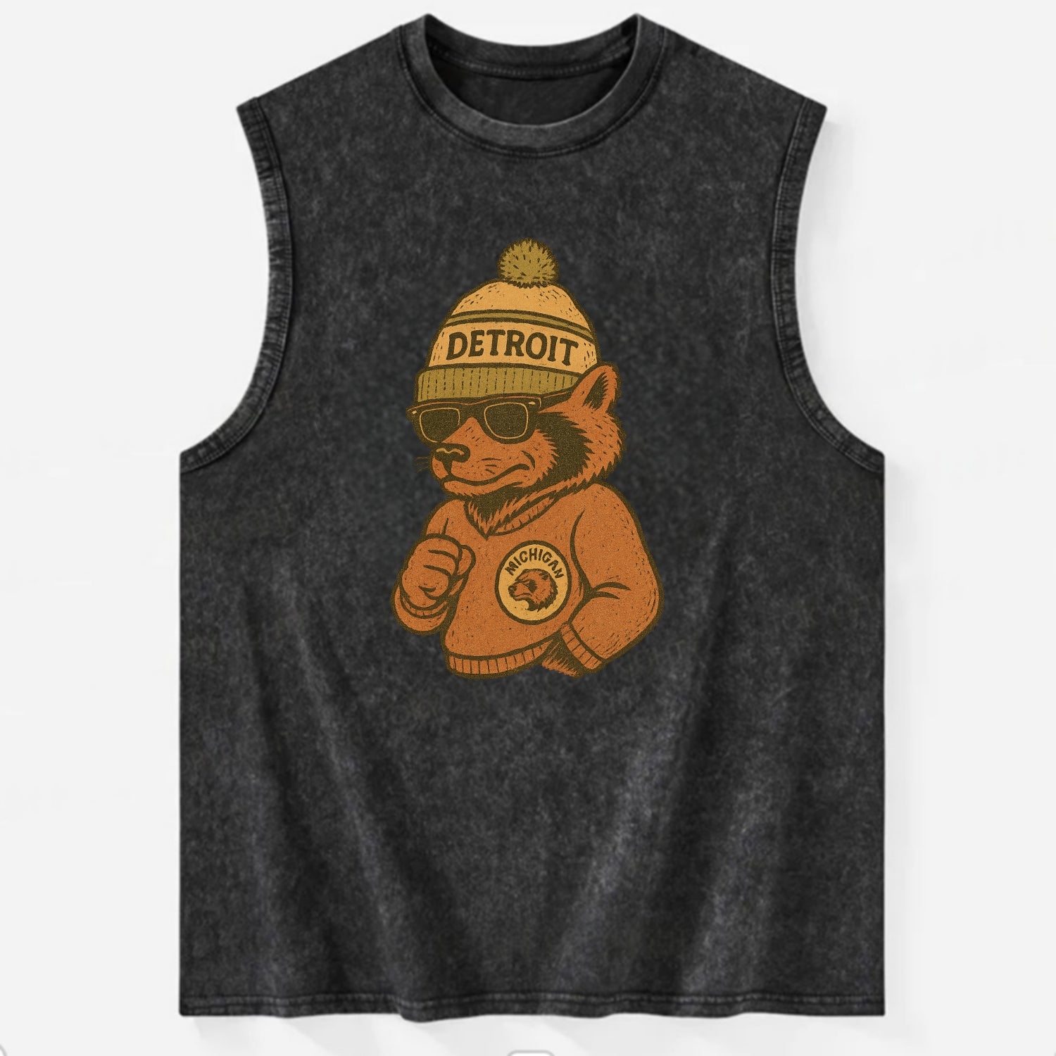 Michigan Wolverine wearing Detroit beanie with pom pom and wayfarer sunglasses - Vintage Washed Tank - Black