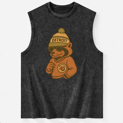 Michigan Wolverine wearing Detroit beanie with pom pom and wayfarer sunglasses - Vintage Washed Tank - Black