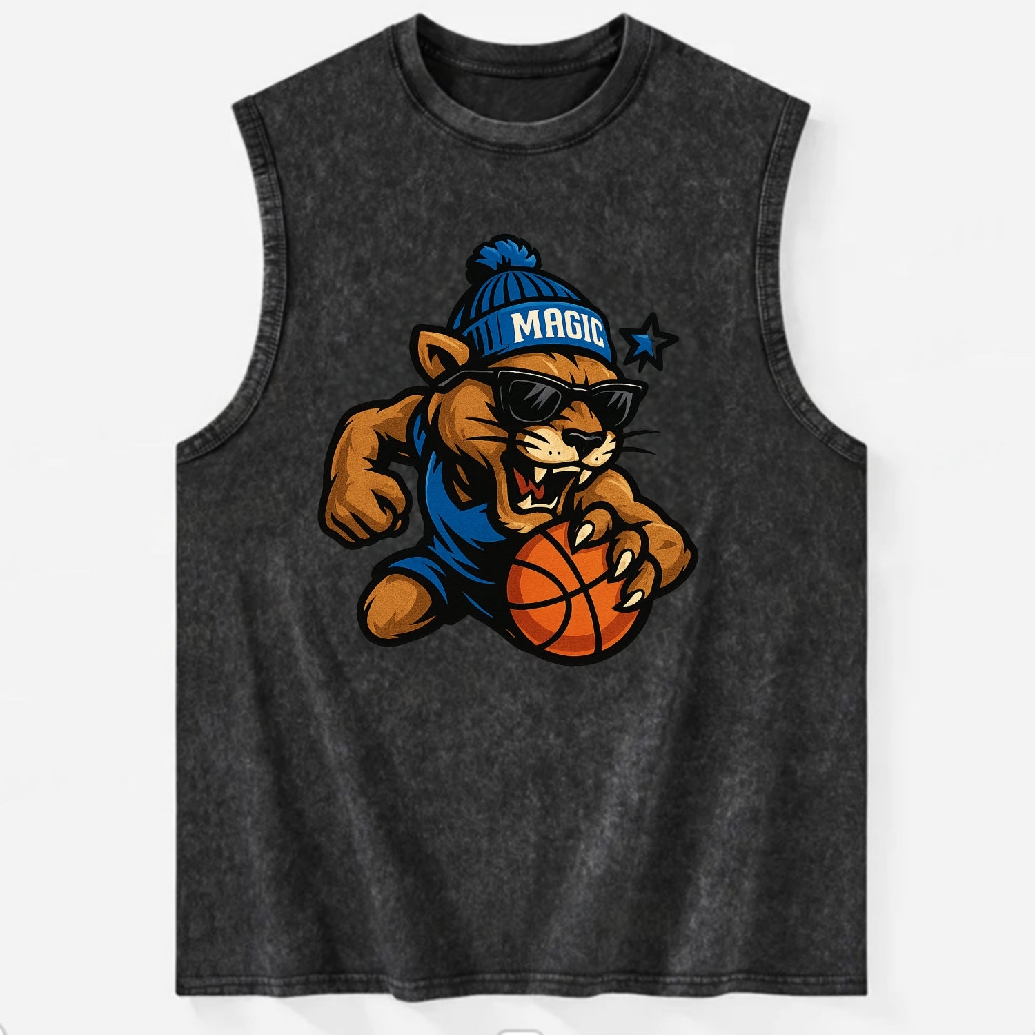 Florida Panther wearing Magic beanie with star wand patch and wayfarer - Vintage Washed Tank - Black
