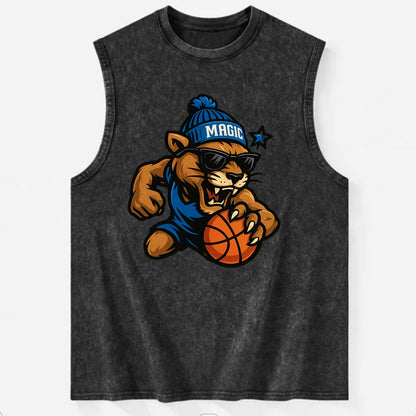 Florida Panther wearing Magic beanie with star wand patch and wayfarer - Vintage Washed Tank - Black