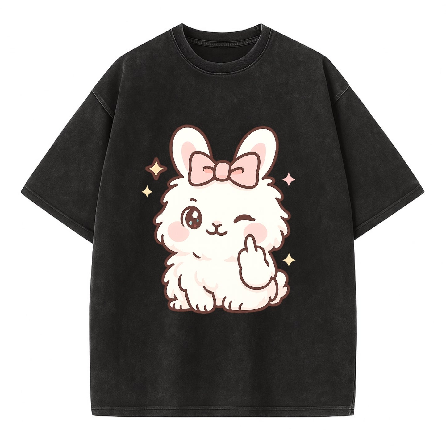 fluffy white angora rabbit with pink bow, one paw delicately flipping off - Vintage T-shirt - Black