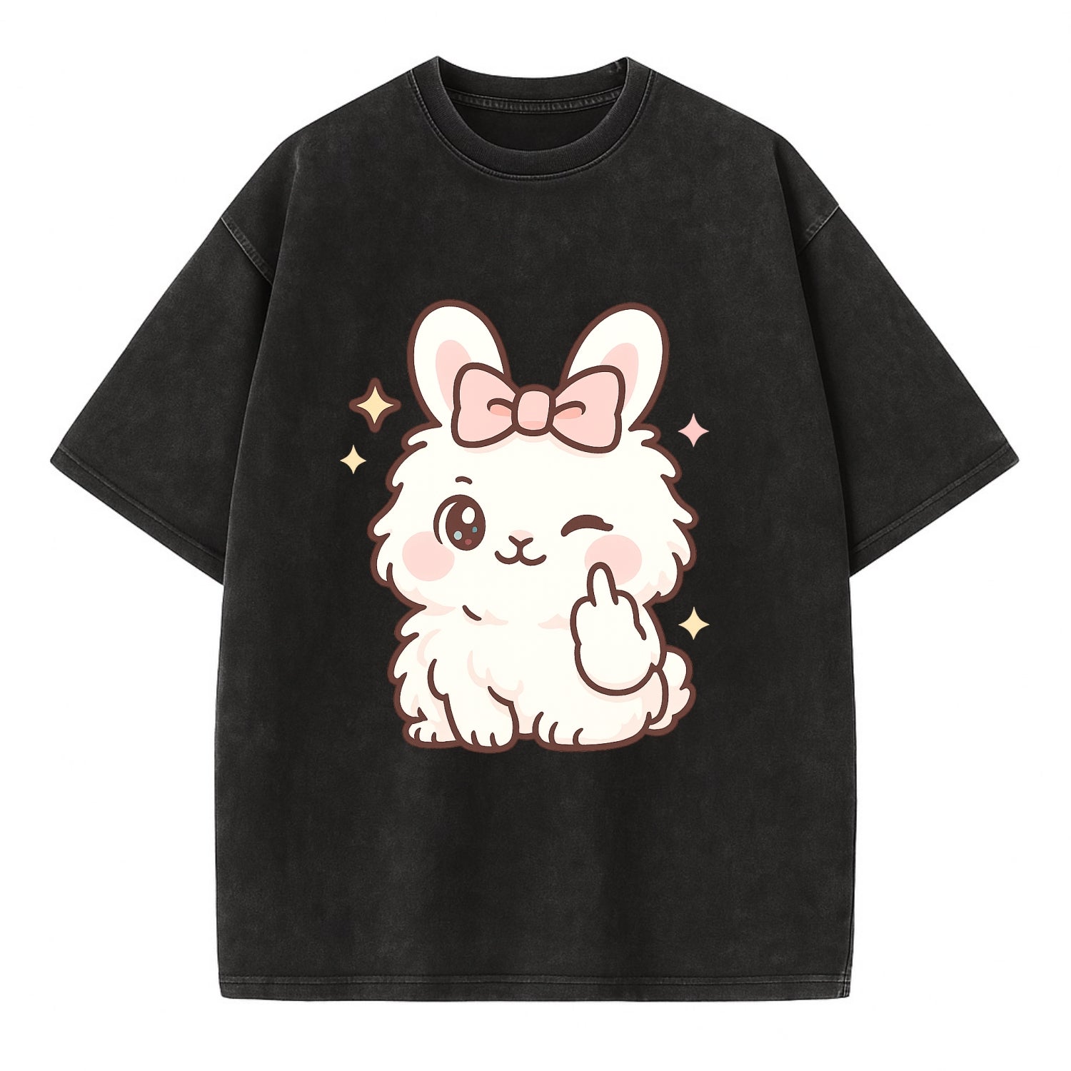 fluffy white angora rabbit with pink bow, one paw delicately flipping off - Vintage T-shirt - Black