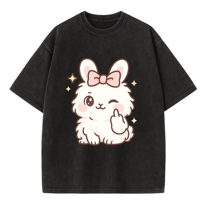 fluffy white angora rabbit with pink bow, one paw delicately flipping off - Vintage T-shirt - Black