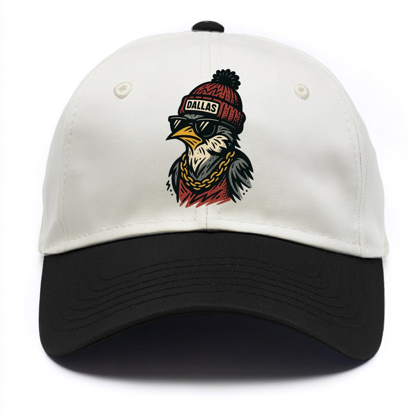 Dallas Mockingbird wearing Dallas beanie with pom pom and wayfarer sunglasses - Two Tone Cap - Black