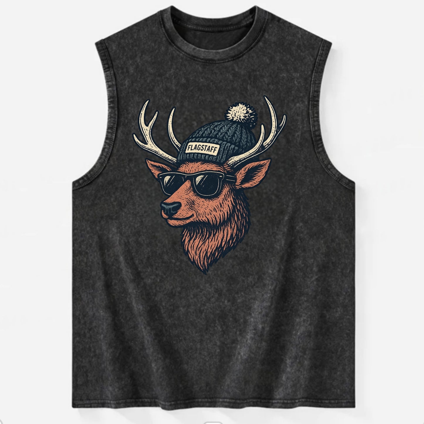 Flagstaff Elk wearing Flagstaff beanie with pom pom and wayfarer sunglasses - Vintage Washed Tank - Black