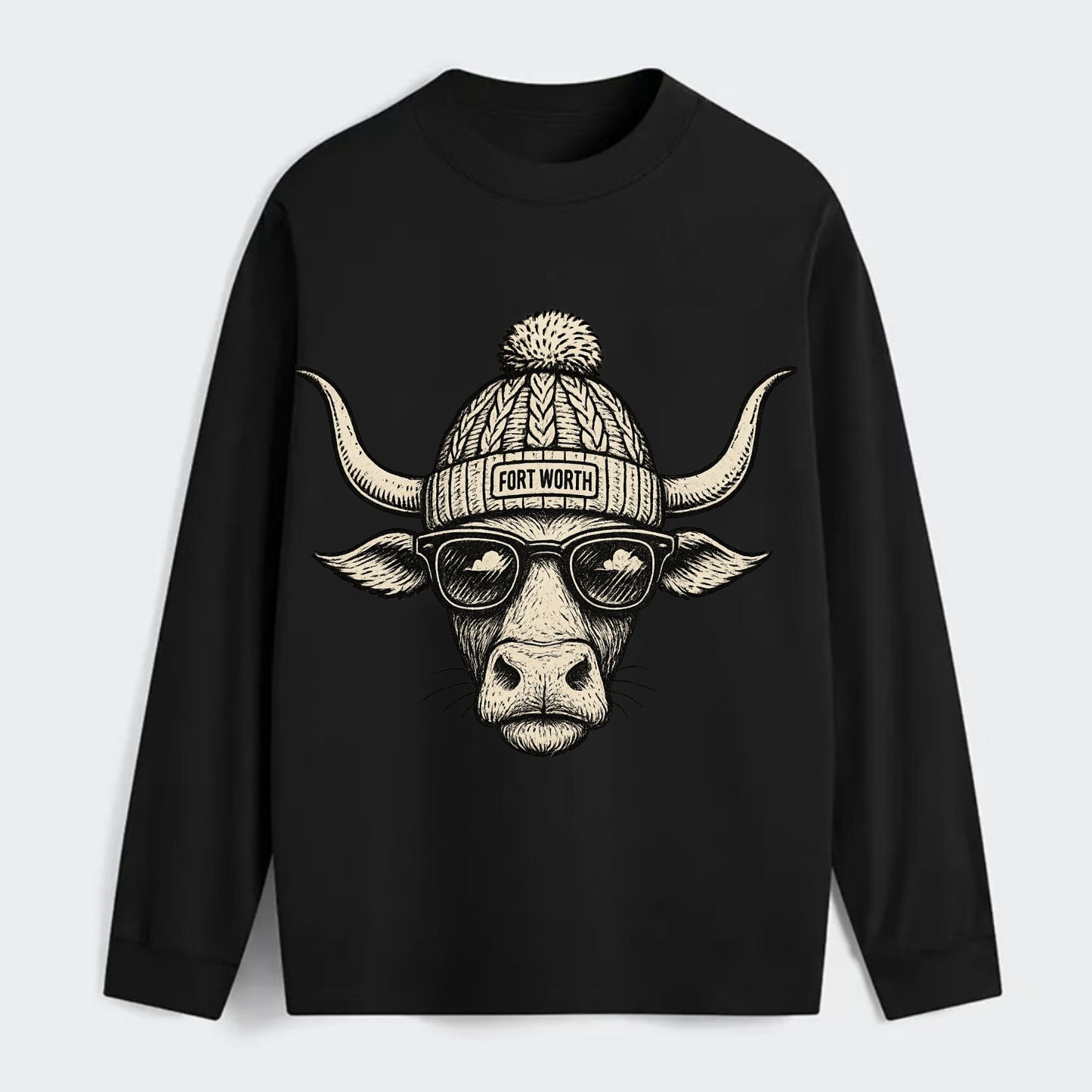 Fort Worth Longhorn wearing Fort Worth beanie with pom pom and wayfarer - Classic Long Sleeve Shirt - Black