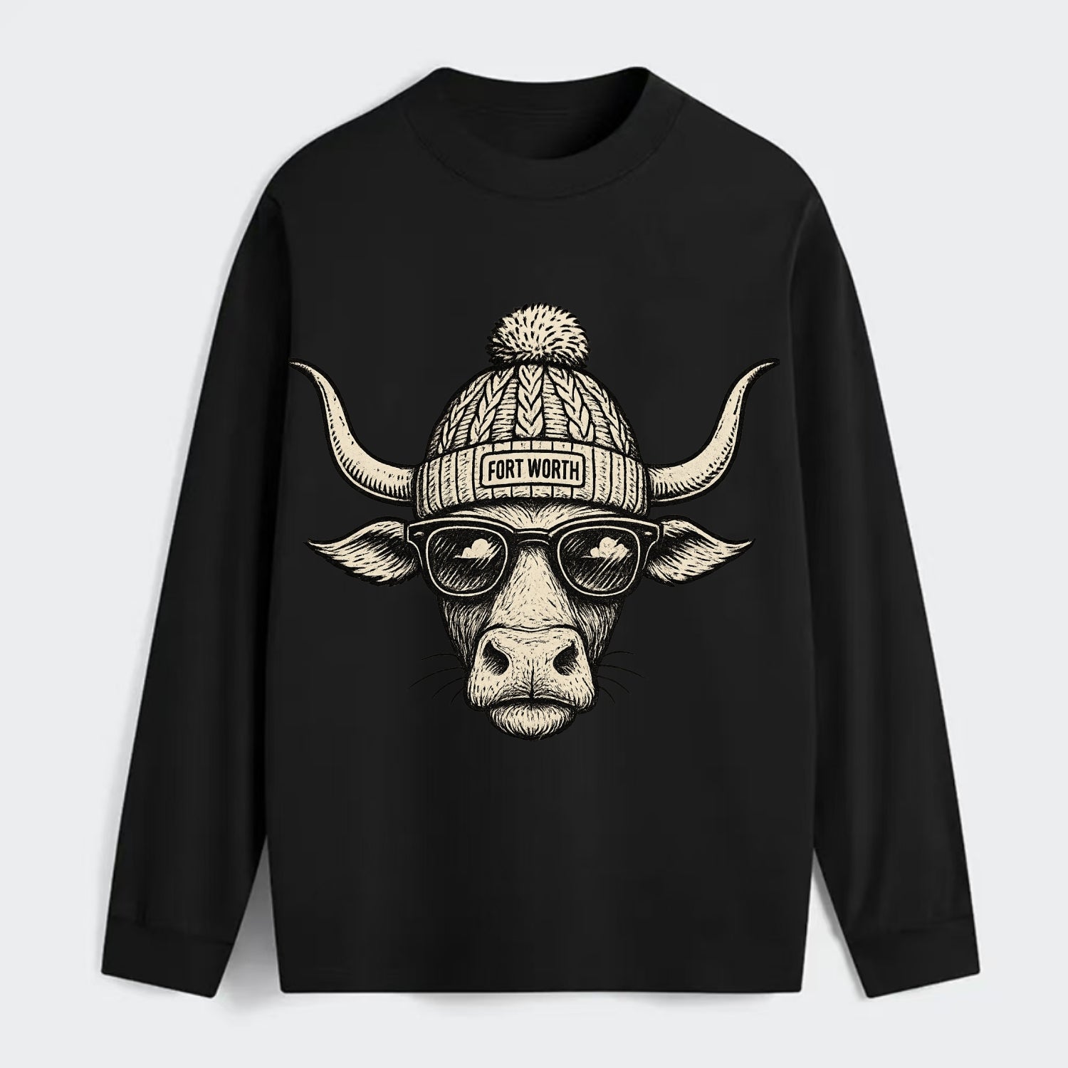 Fort Worth Longhorn wearing Fort Worth beanie with pom pom and wayfarer - Classic Long Sleeve Shirt - Black