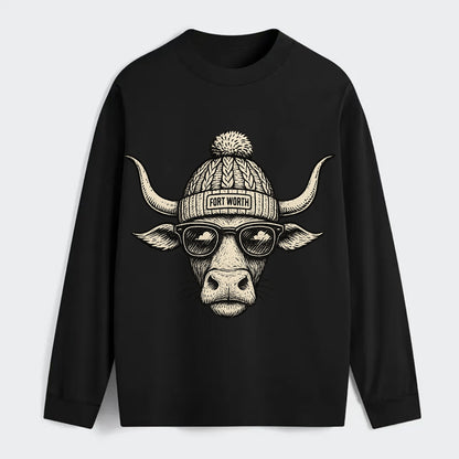 Fort Worth Longhorn wearing Fort Worth beanie with pom pom and wayfarer - Classic Long Sleeve Shirt - Black