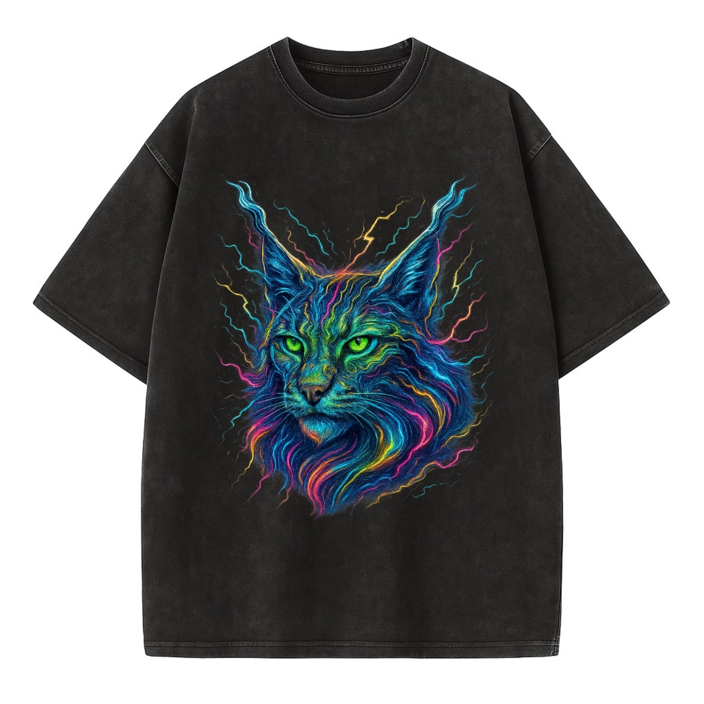 Wild lynx with ear tufts transforming into liquid mercury flows, silver and gold - Vintage T-shirt - Black