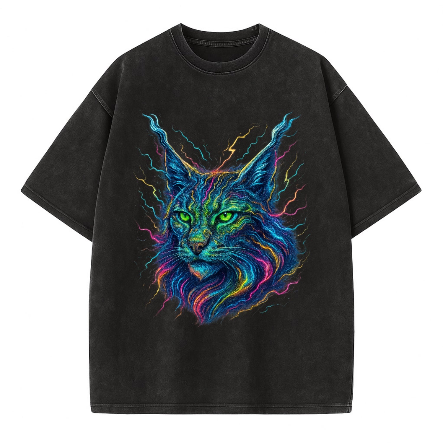 Wild lynx with ear tufts transforming into liquid mercury flows, silver and gold - Vintage T-shirt - Black