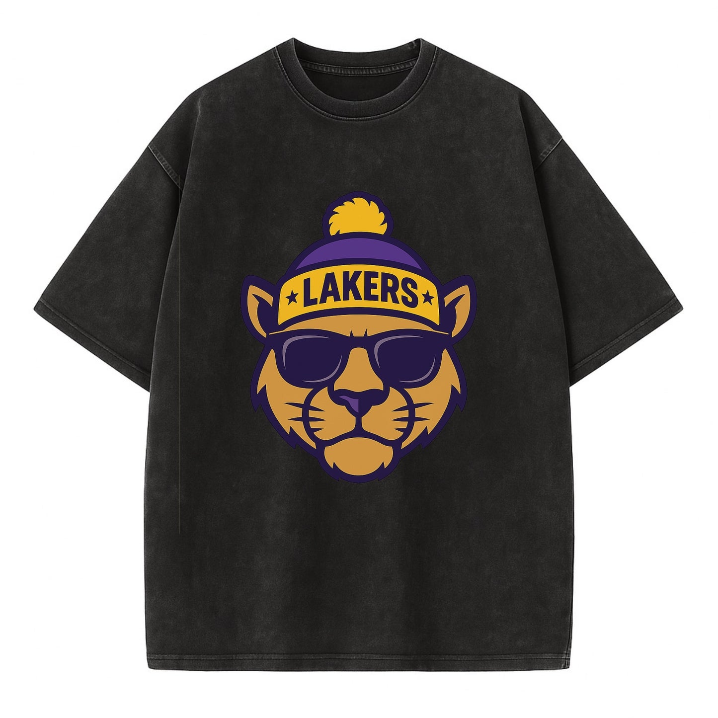 LA Mountain Lion wearing Lakers purple and gold beanie with championship stars - Vintage T-shirt - Black