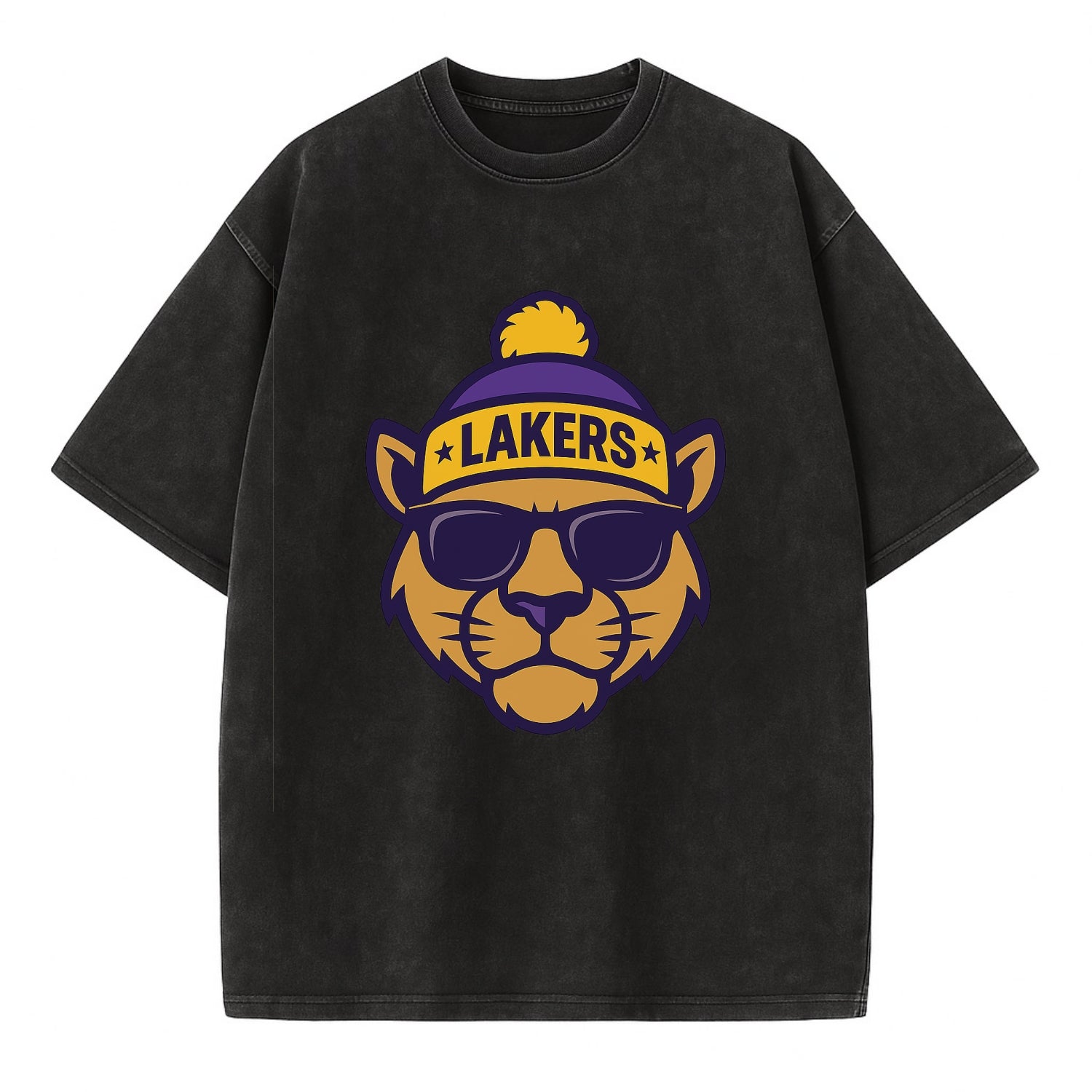 LA Mountain Lion wearing Lakers purple and gold beanie with championship stars - Vintage T-shirt - Black
