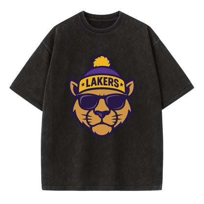 LA Mountain Lion wearing Lakers purple and gold beanie with championship stars - Vintage T-shirt - Black