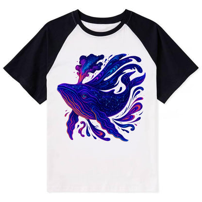 Majestic whale with body composed of galaxy clusters, stellar fins - Contrast Raglan T-shirt - Black