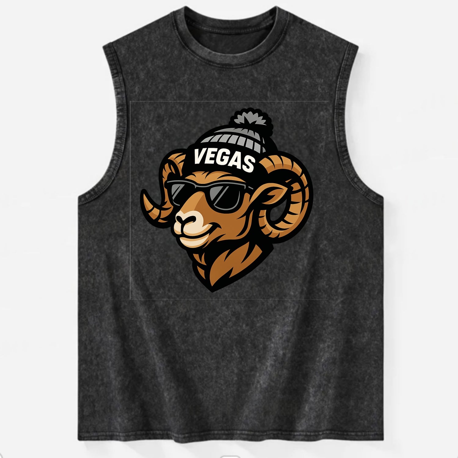 Vegas Desert Bighorn wearing Raiders silver and black beanie with pom pom and - Vintage Washed Tank - Black