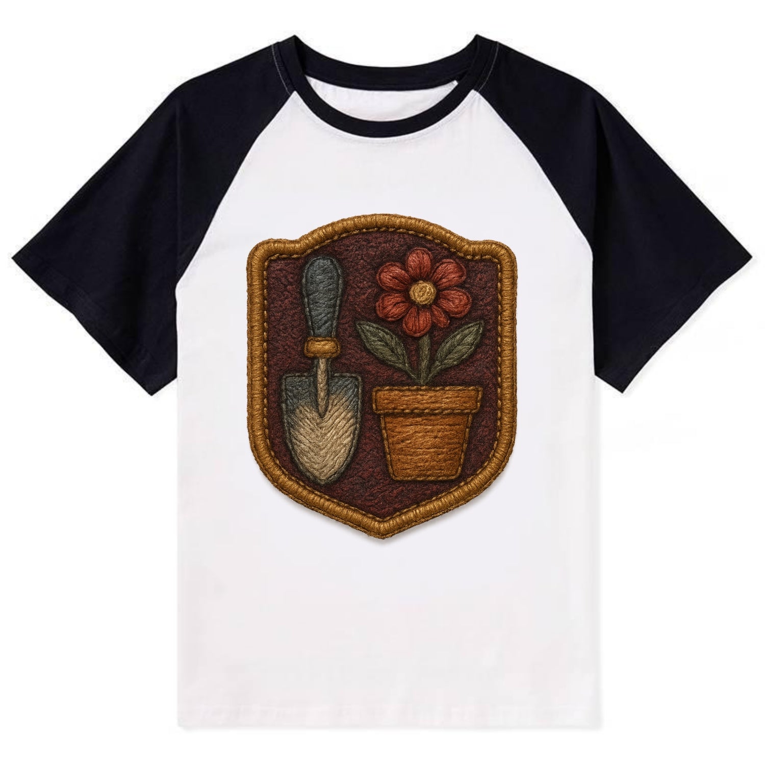 Garden trowel with flower pot - gardener badge - Contrast Raglan T-shirt - Black