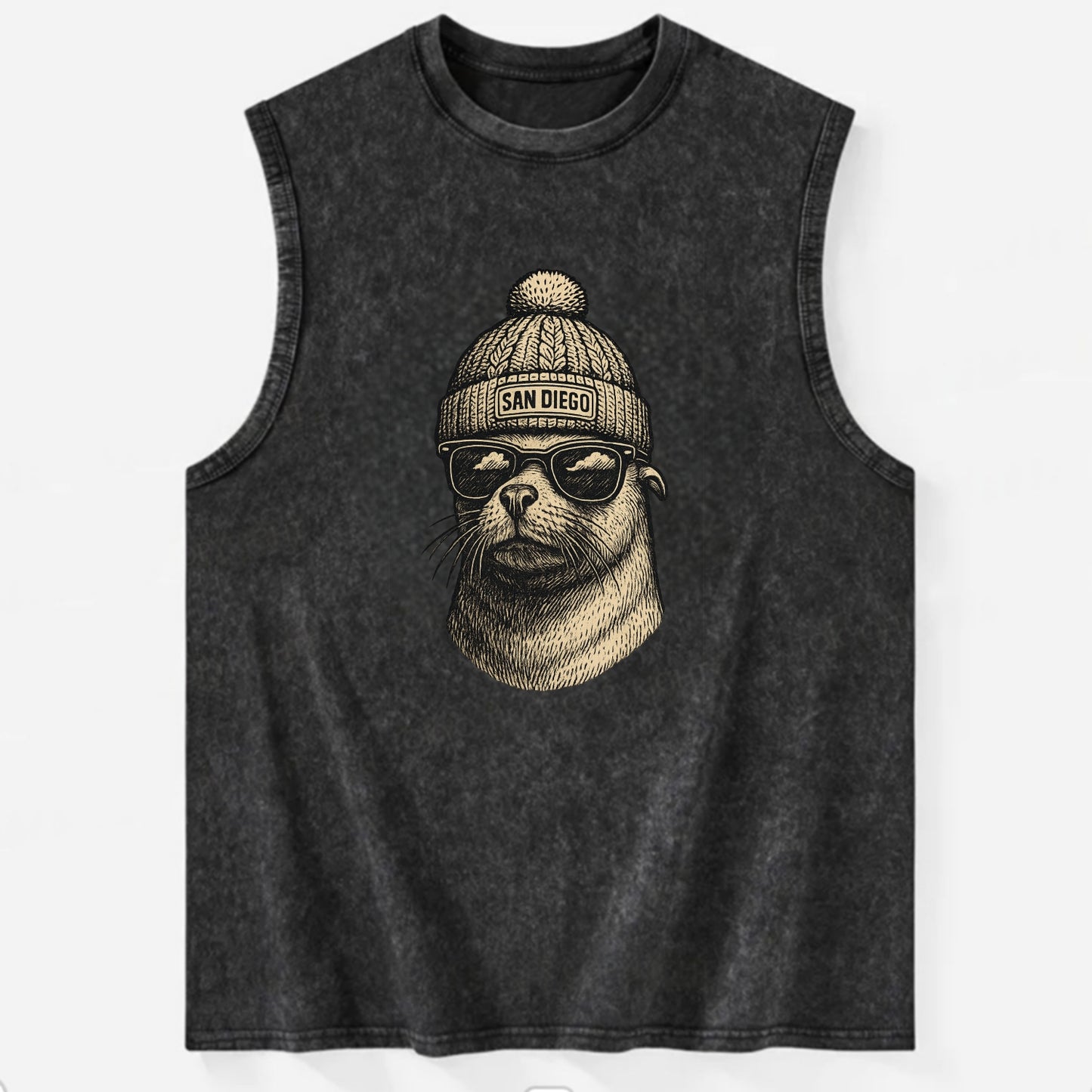 San Diego Sea Lion wearing San Diego beanie with pom pom and wayfarer - Vintage Washed Tank - Black