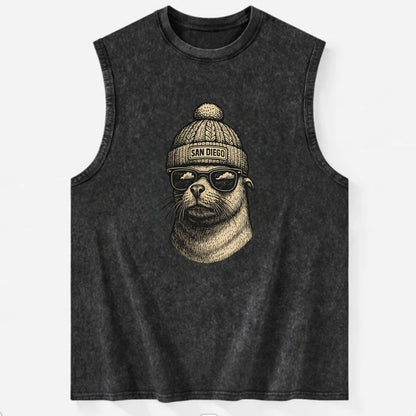 San Diego Sea Lion wearing San Diego beanie with pom pom and wayfarer - Vintage Washed Tank - Black