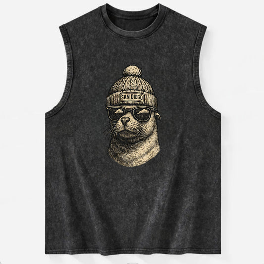 San Diego Sea Lion wearing San Diego beanie with pom pom and wayfarer - Vintage Washed Tank - Black