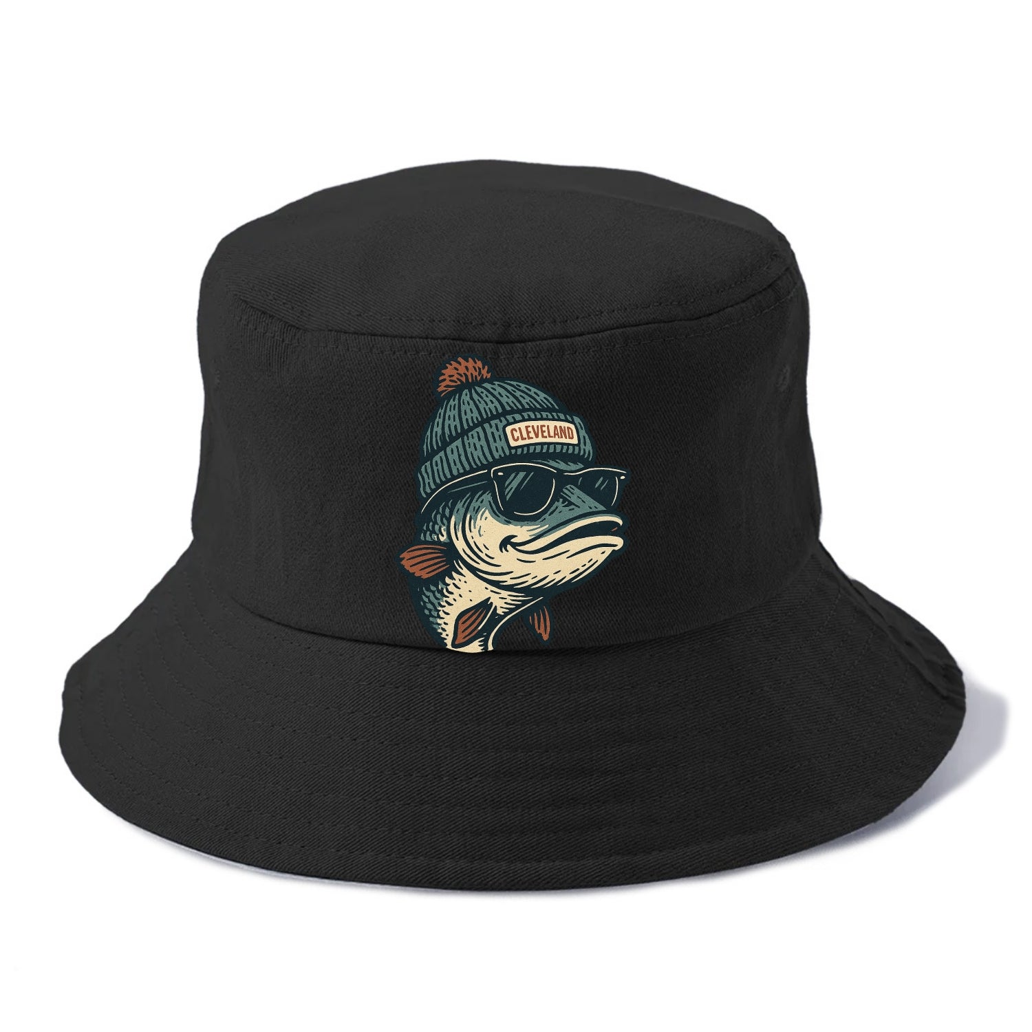 Cleveland Lake Erie Walleye wearing Cleveland beanie with pom pom and wayfarer - Bucket Hat - Black