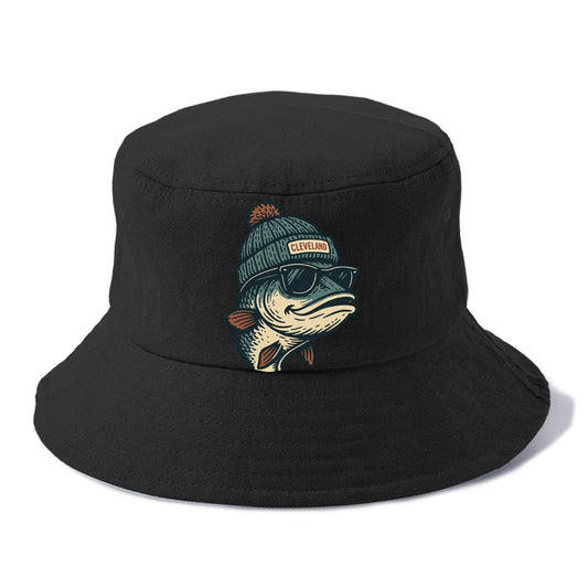 Cleveland Lake Erie Walleye wearing Cleveland beanie with pom pom and wayfarer - Bucket Hat - Black