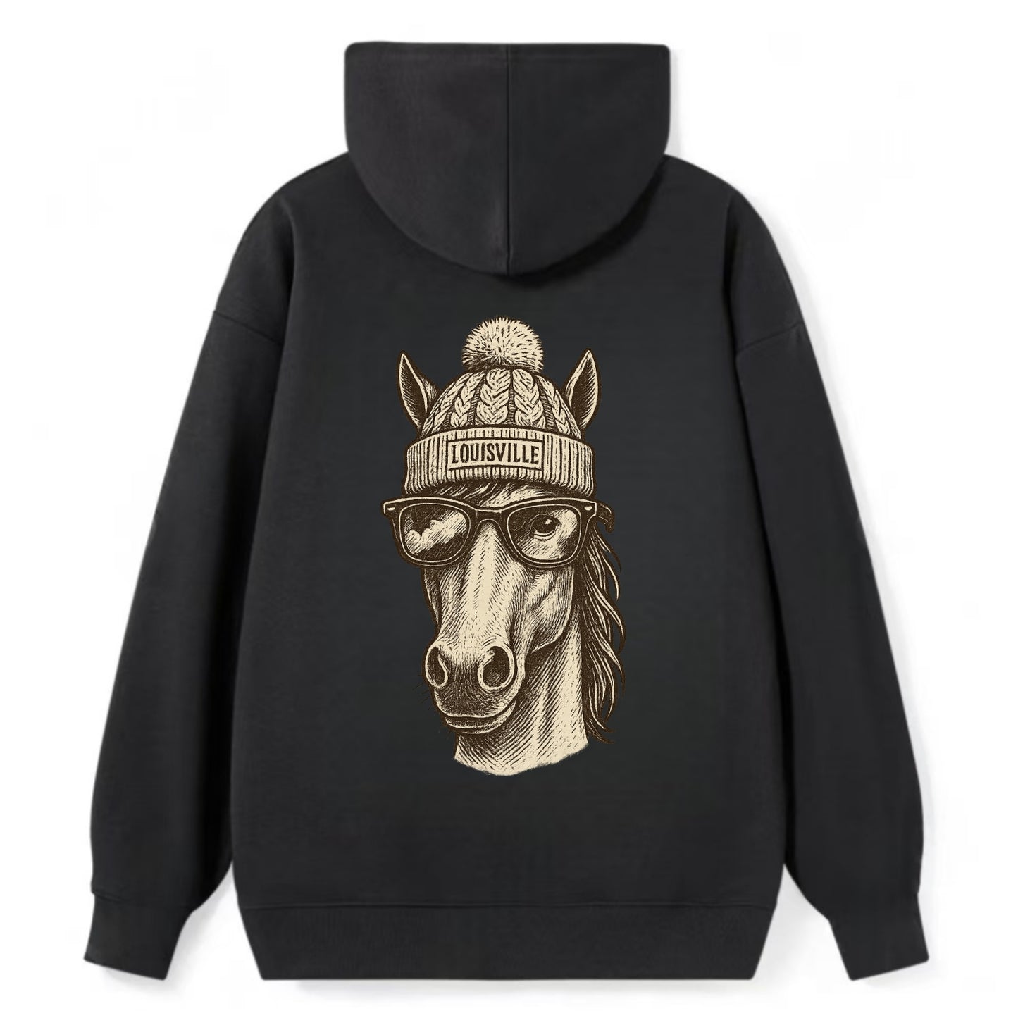 Kentucky Thoroughbred Horse wearing Louisville beanie with pom pom and - Classic Pullover Hoodie - Black