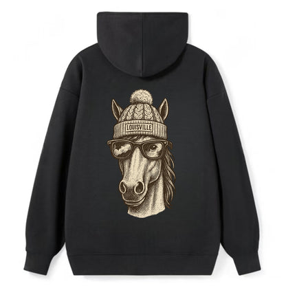 Kentucky Thoroughbred Horse wearing Louisville beanie with pom pom and - Classic Pullover Hoodie - Black