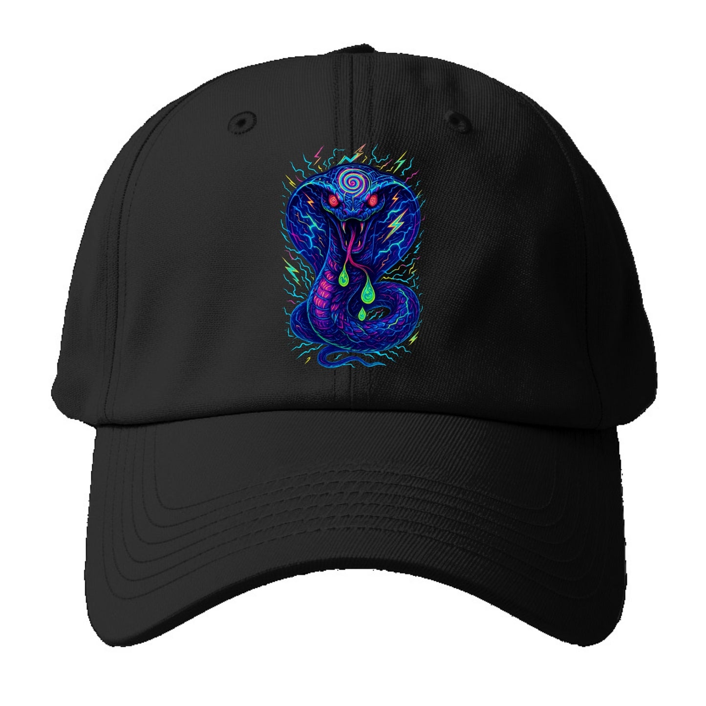 Mesmerizing cobra with hypnotic spiral patterns in the hood, scales that shimmer - Baseball Cap - Black