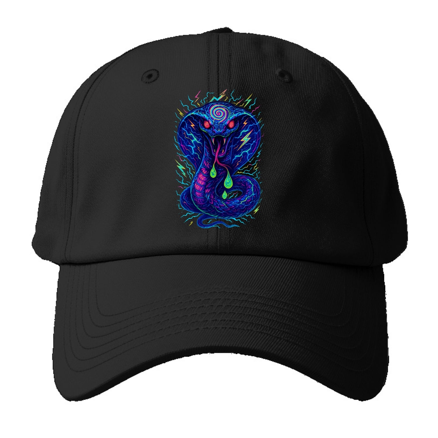 Mesmerizing cobra with hypnotic spiral patterns in the hood, scales that shimmer - Baseball Cap - Black
