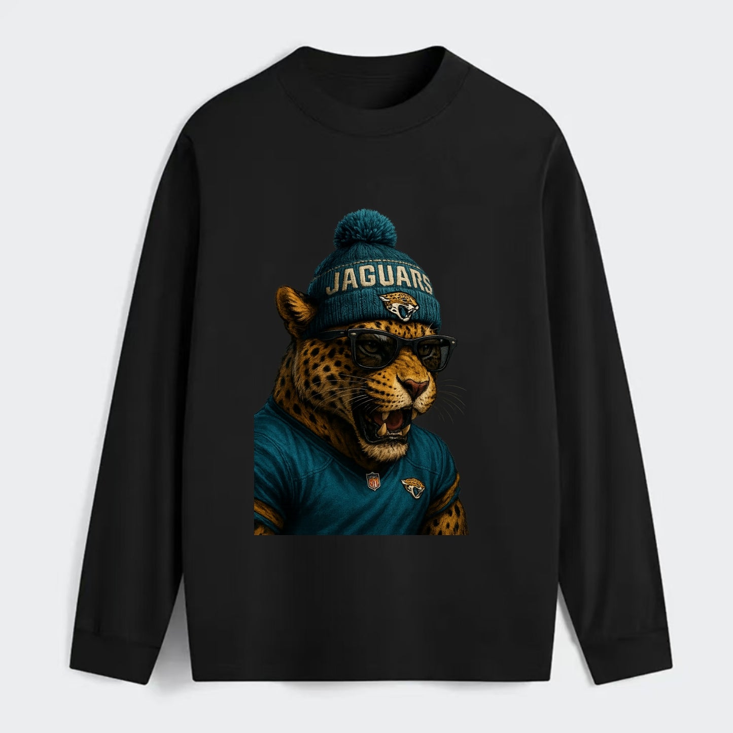 Jacksonville Jaguar wearing Jaguars teal and gold beanie with pom pom - Classic Long Sleeve Shirt - Black