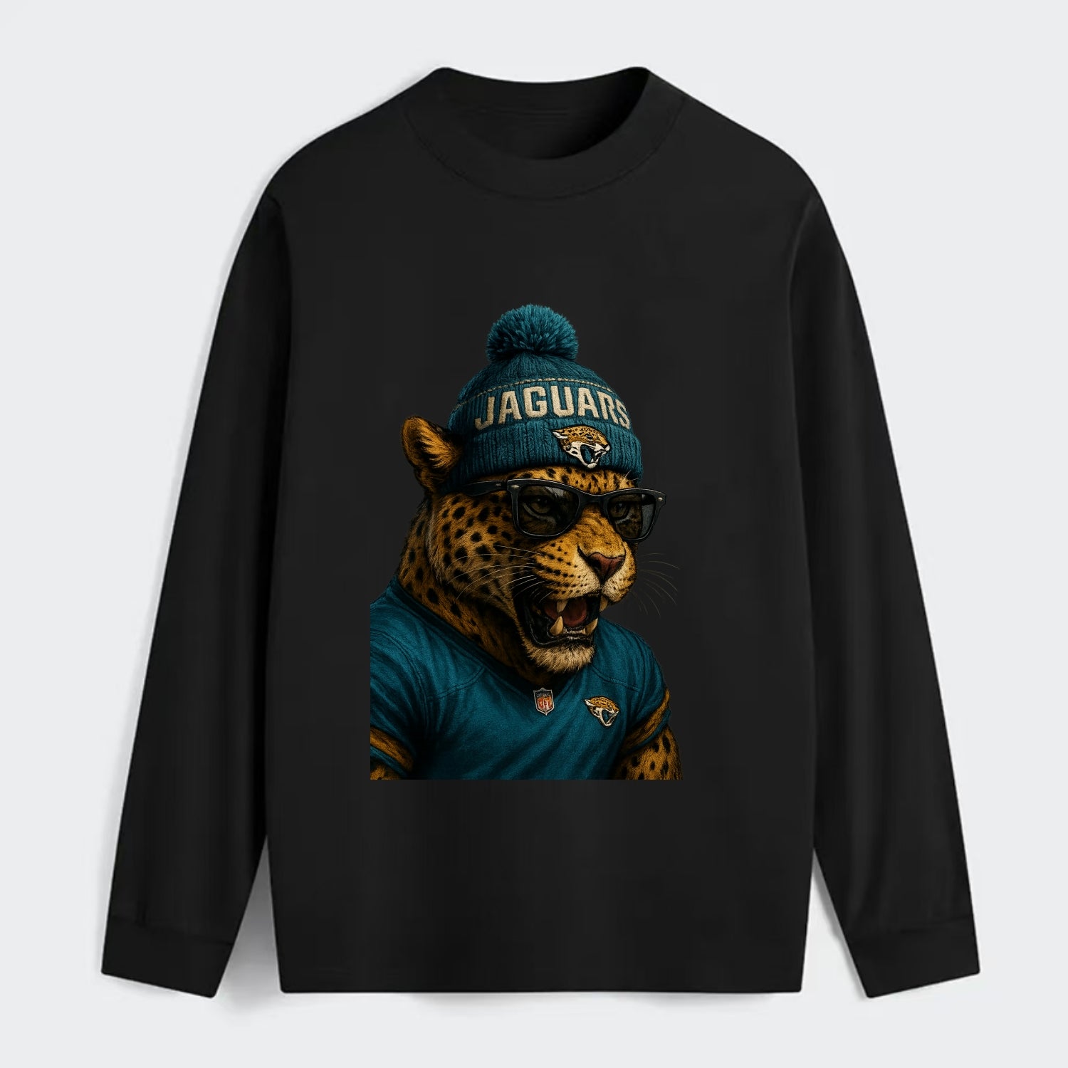 Jacksonville Jaguar wearing Jaguars teal and gold beanie with pom pom - Classic Long Sleeve Shirt - Black