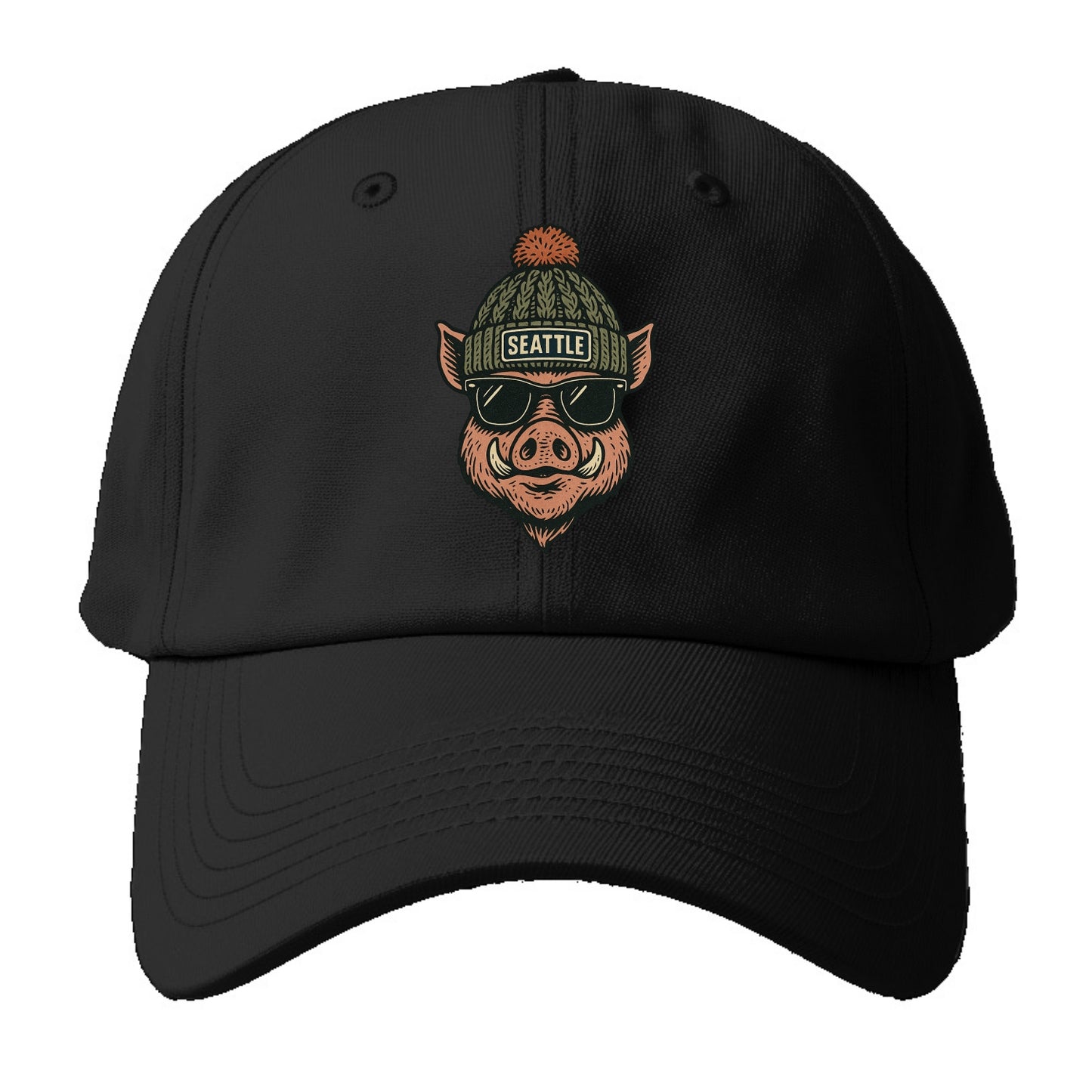 Washington Hog wearing Seattle beanie with pom pom and wayfarer sunglasses - Baseball Cap - Black