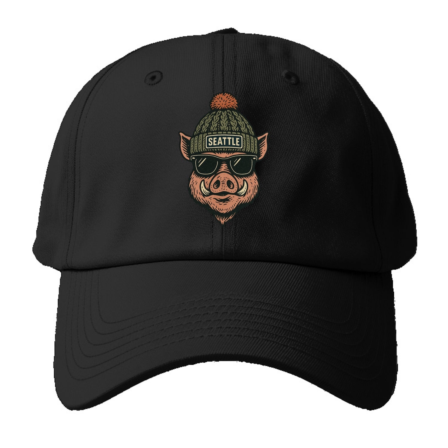 Washington Hog wearing Seattle beanie with pom pom and wayfarer sunglasses - Baseball Cap - Black