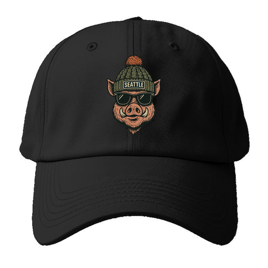 Washington Hog wearing Seattle beanie with pom pom and wayfarer sunglasses - Baseball Cap - Black