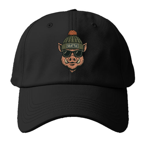 Washington Hog wearing Seattle beanie with pom pom and wayfarer sunglasses - Baseball Cap