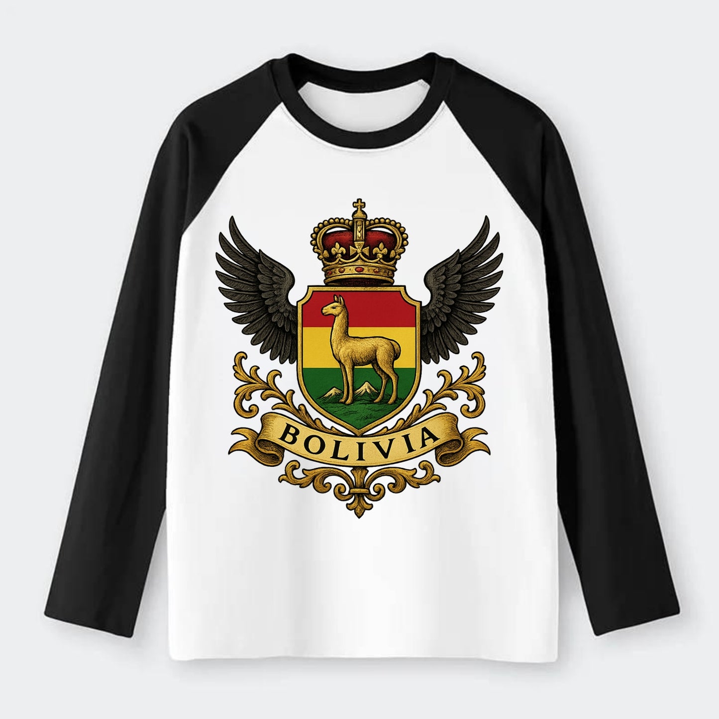 Bolivia Llama Emblem  - Raglan Long Sleeve T-Shirt - Black