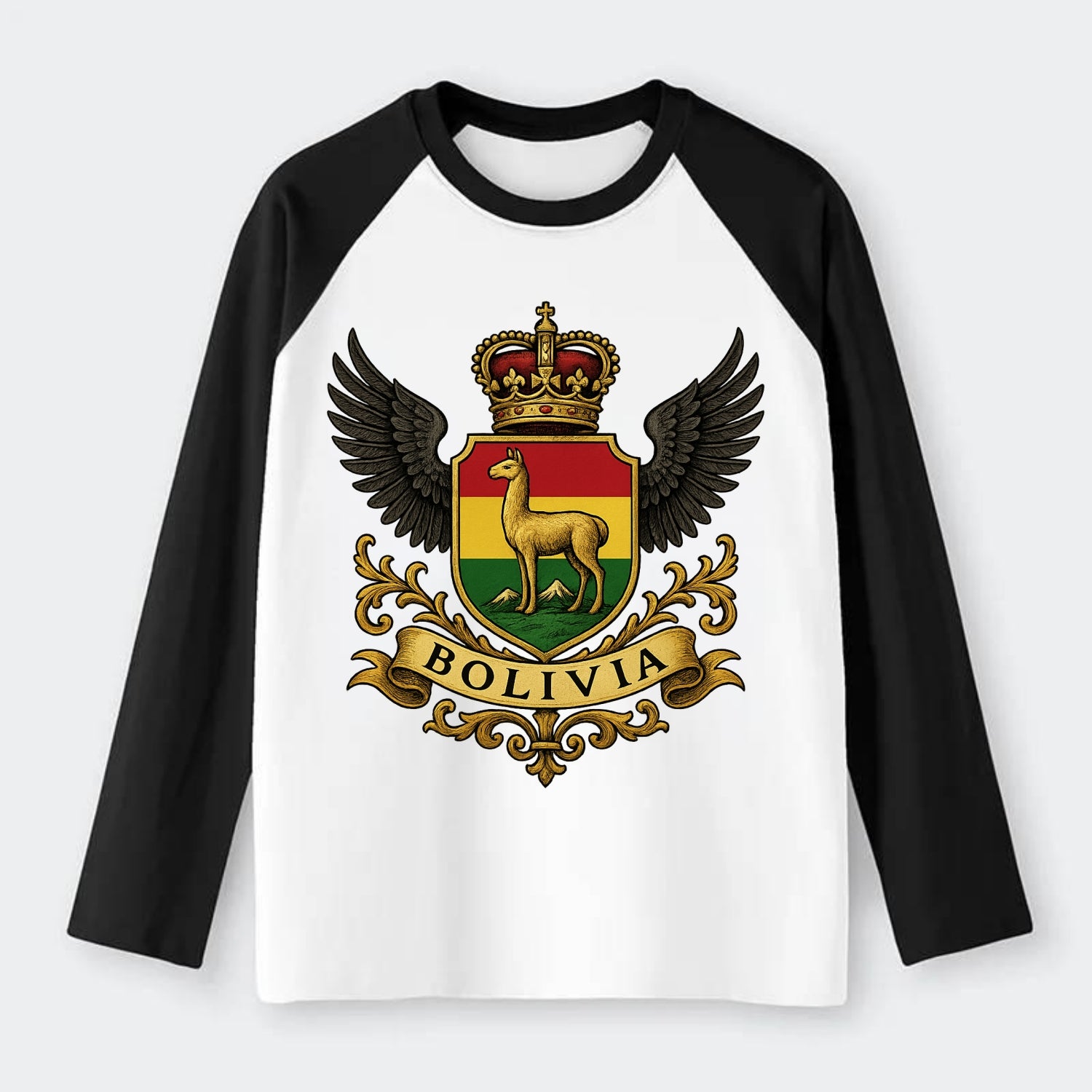 Bolivia Llama Emblem  - Raglan Long Sleeve T-Shirt - Black