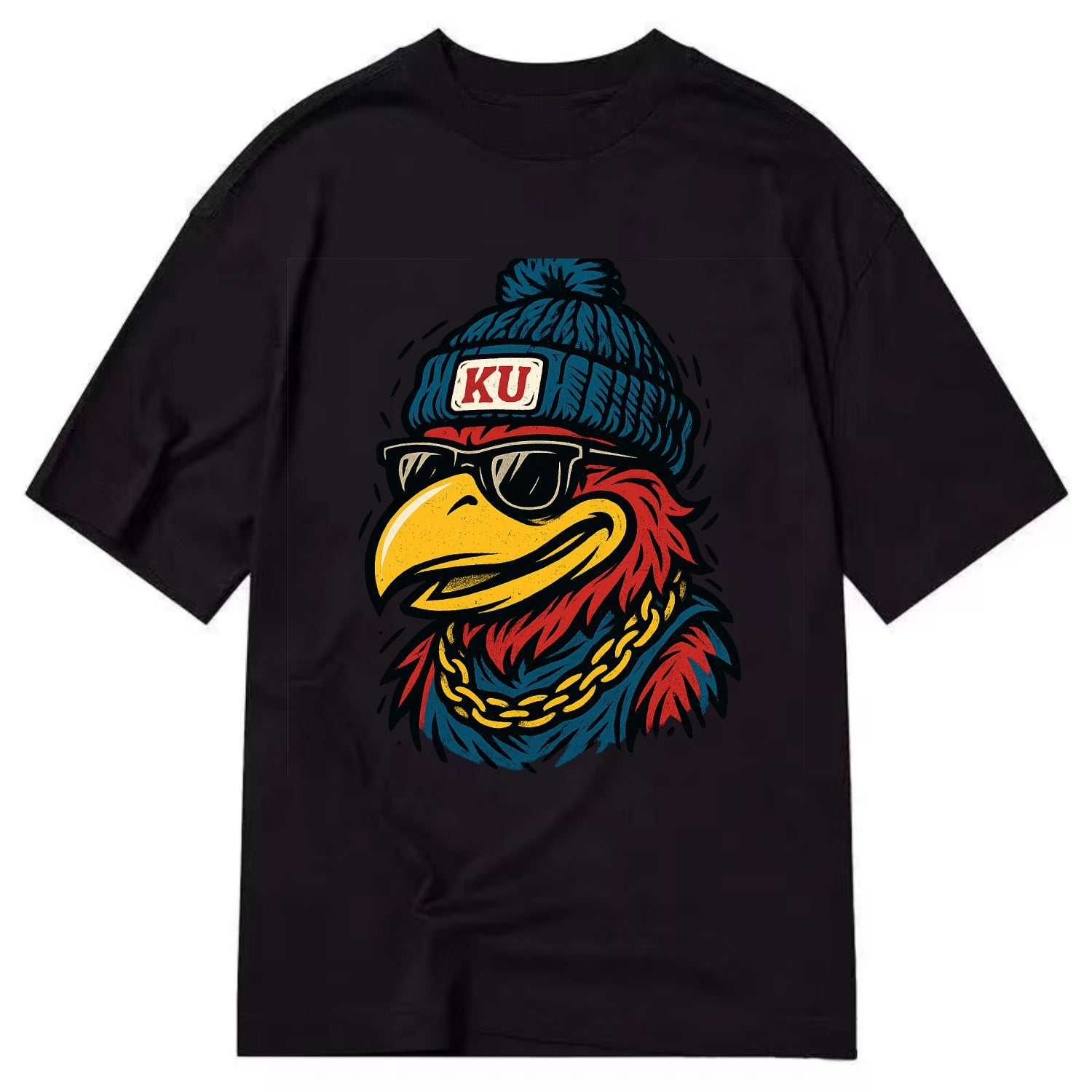 Lawrence Jayhawk wearing Kansas beanie with KU patch - Classic T-shirt - Black