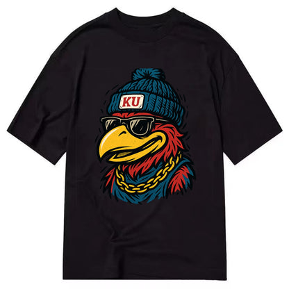 Lawrence Jayhawk wearing Kansas beanie with KU patch - Classic T-shirt - Black