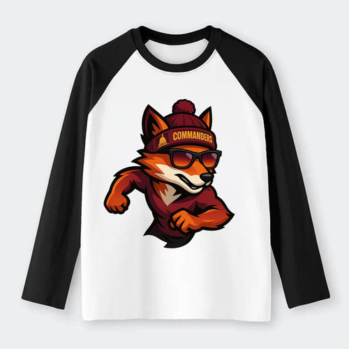 Washington Fox wearing Commanders beanie with Capitol patch and - Raglan Long Sleeve T-Shirt