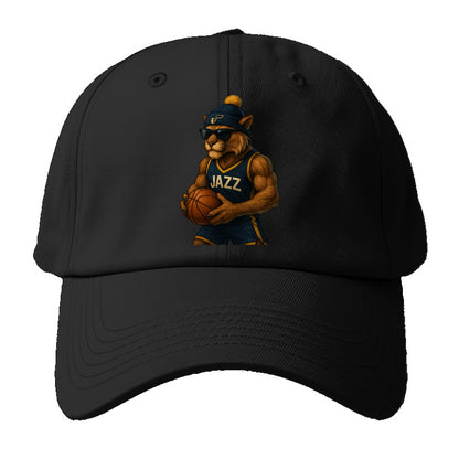 Utah Mountain Lion wearing Jazz navy and yellow beanie with music note - Baseball Cap For Big Heads - Black