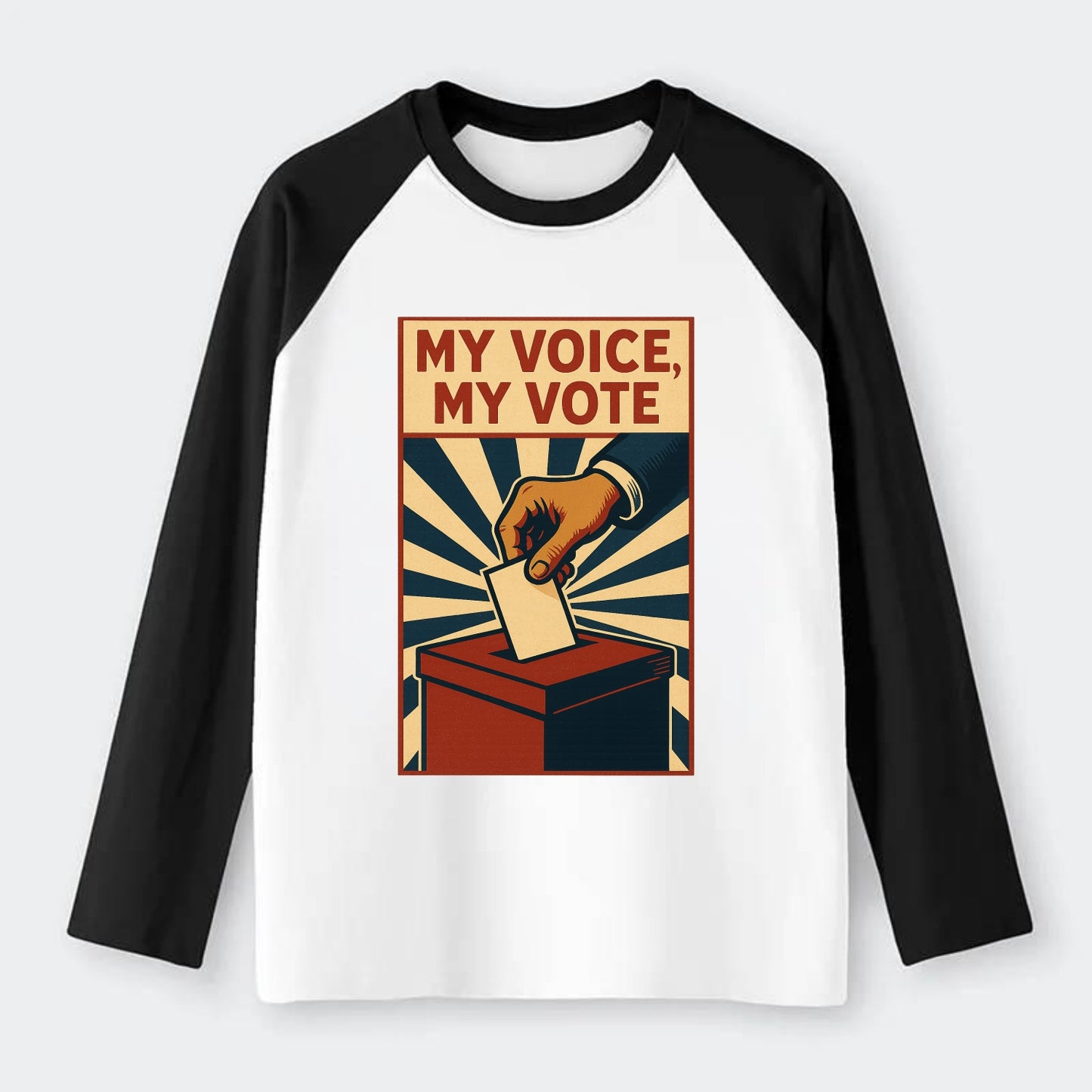 Hand dropping ballot into box with determination - "My Voice, My Vote" - Raglan Long Sleeve T-Shirt - Black