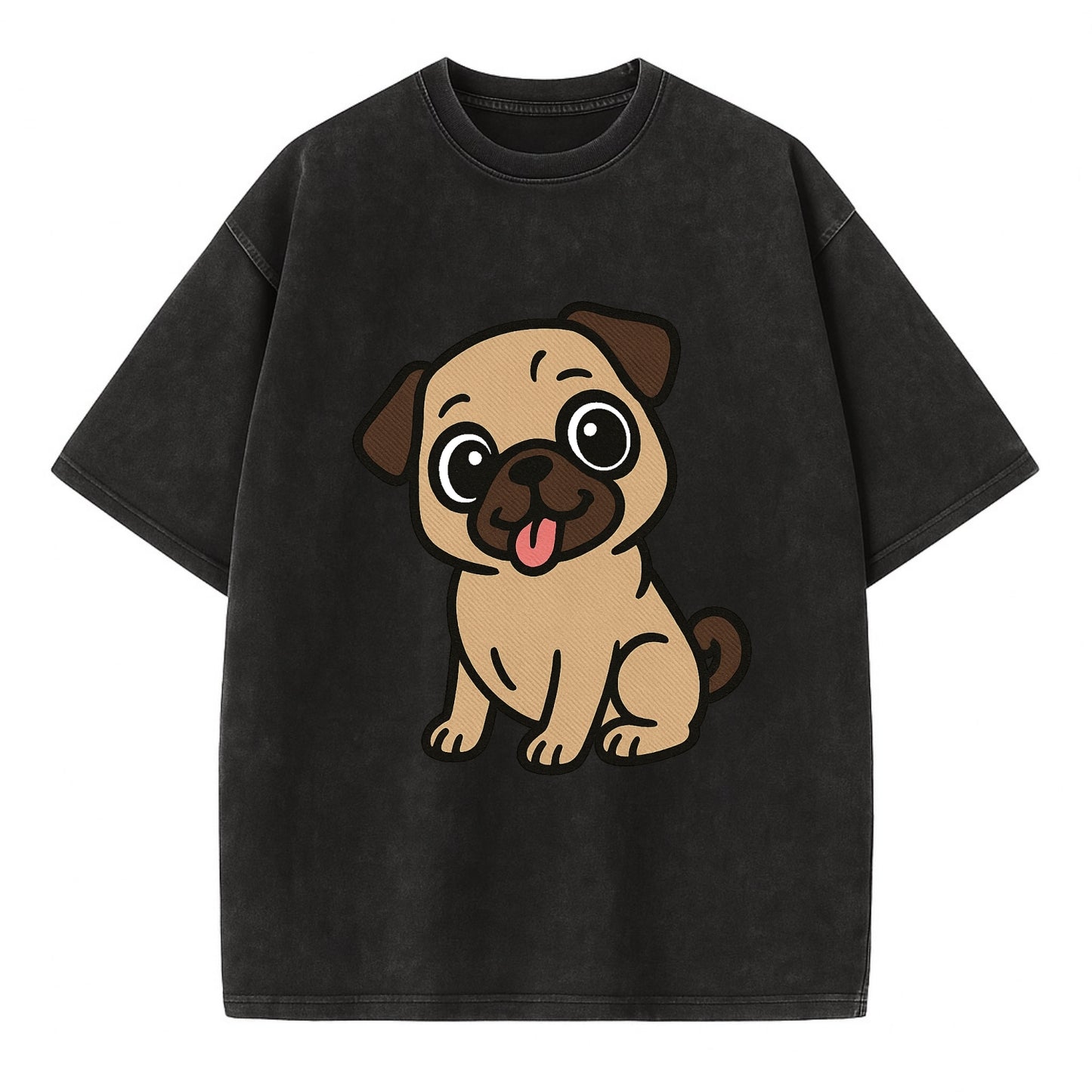 Pug - Tilted head with tongue out - Vintage T-shirt - Black