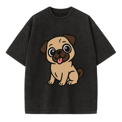 Pug - Tilted head with tongue out - Vintage T-shirt - Black