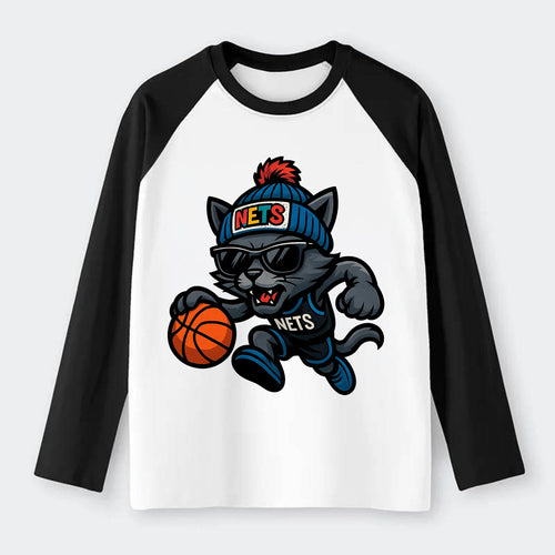 Brooklyn Cat wearing Nets beanie with street art patch and wayfarer - Raglan Long Sleeve T-Shirt