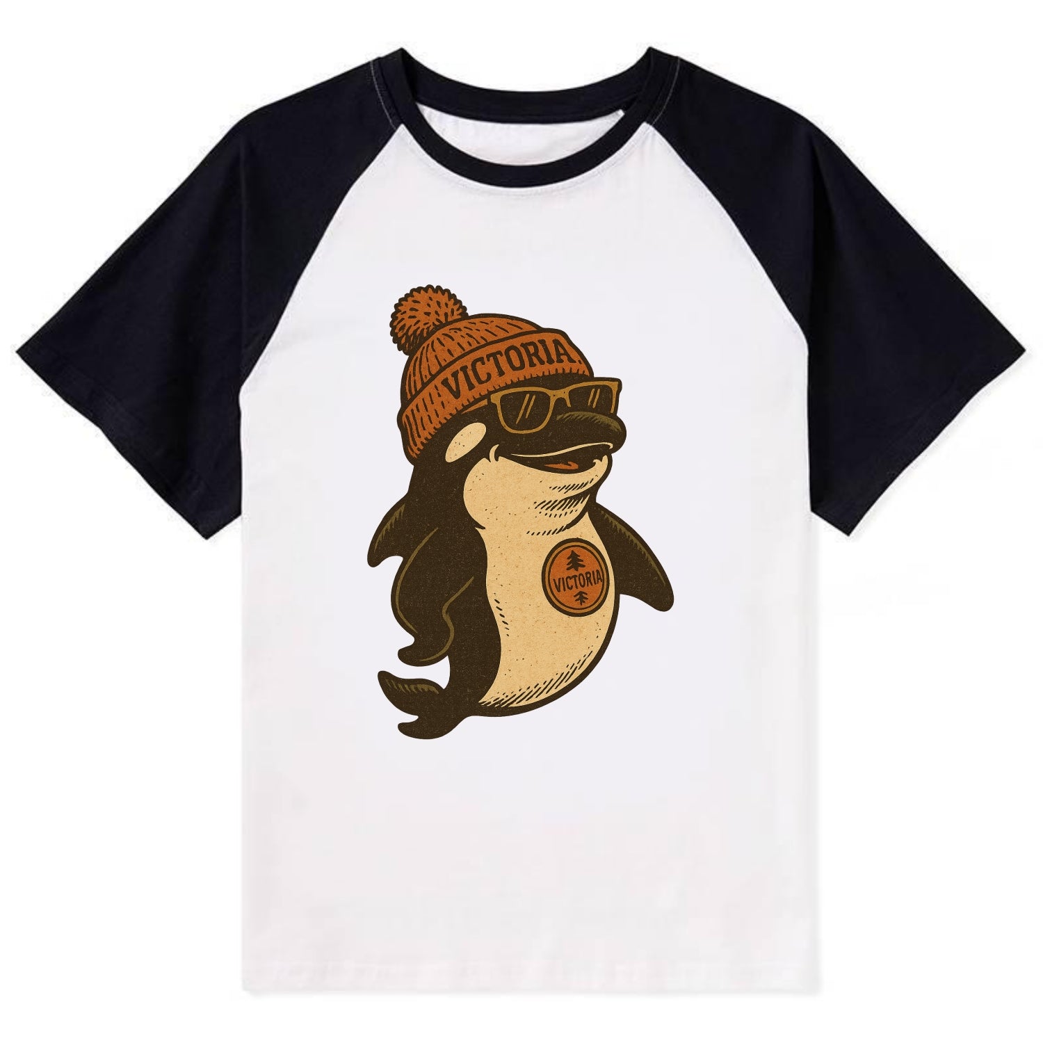 Victoria Orca wearing Victoria beanie with pom pom and wayfarer sunglasses - Contrast Raglan T-shirt - Black