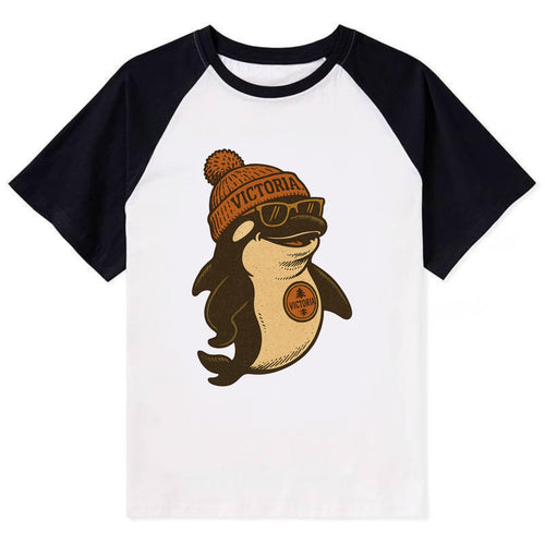 Victoria Orca wearing Victoria beanie with pom pom and wayfarer sunglasses - Contrast Raglan T-shirt